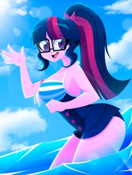 Size: 1500x2000 | Tagged: safe, artist:xan-gelx, derpibooru import, sci-twi, twilight sparkle, human, equestria girls, clothes, glasses, image, jpeg, looking at you, one-piece swimsuit, open mouth, swimsuit