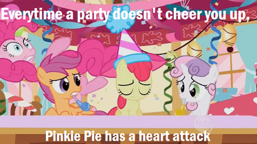 Size: 500x280 | Tagged: safe, derpibooru import, edit, edited screencap, screencap, apple bloom, pinkie pie, scootaloo, sweetie belle, earth pony, pegasus, pony, unicorn, season 2, the cutie pox, cutie mark crusaders, female, filly, foal, hat, hub logo, image, logo, mare, party hat, png, the hub