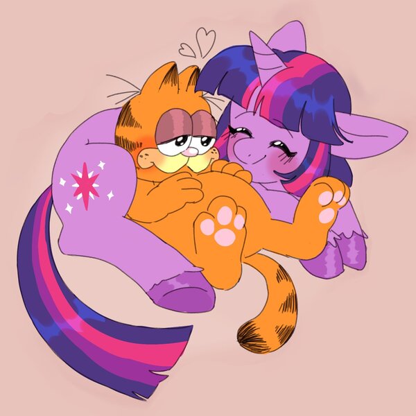 Size: 1500x1500 | Tagged: safe, artist:exxi00, derpibooru import, twilight sparkle, cat, pony, blushing, cute, eyes closed, garfield, happy, hooves, image, jpeg, lying down, on floor, simple background