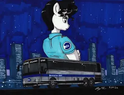 Size: 1280x983 | Tagged: safe, artist:newyorkx3, derpibooru import, oc, oc:tommy, unofficial characters only, anthro, earth pony, bedroom eyes, bus, city, clothes, image, jpeg, male, night, shirt, solo, traditional art