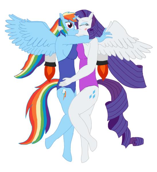 Size: 1280x1403 | Tagged: suggestive, artist:mlp-headstrong, derpibooru import, rainbow dash, rarity, alicorn, anthro, unguligrade anthro, alicornified, blushing, breasts, clothes, eyes closed, female, flying, image, jetpack, kissing, leotard, lesbian, png, race swap, rainbowcorn, raricorn, raridash, shipping, simple background, surprised, transparent background