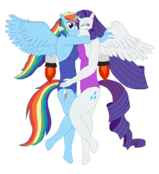 Size: 1280x1403 | Tagged: suggestive, artist:mlp-headstrong, derpibooru import, rainbow dash, rarity, alicorn, anthro, unguligrade anthro, alicornified, blushing, breasts, clothes, eyes closed, female, flying, image, jetpack, kissing, leotard, lesbian, png, race swap, rainbowcorn, raricorn, raridash, shipping, simple background, surprised, transparent background