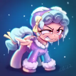 Size: 1872x1872 | Tagged: safe, artist:xbi, derpibooru import, cozy glow, pegasus, pony, frenemies (episode), abstract background, angry, annoyed, blue background, clothes, cozy glow is best facemaker, cozy glow is not amused, female, foal, gradient background, hat, ice, image, jpeg, mare, simple background, snow, solo, tabun art-battle finished after, unamused