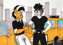 Size: 1280x902 | Tagged: safe, artist:newyorkx3, derpibooru import, oc, oc:tommy, unofficial characters only, anthro, earth pony, bedroom eyes, clothes, coffee cup, cup, duo, duo male, image, jpeg, male, pants, shirt, taxi, traditional art