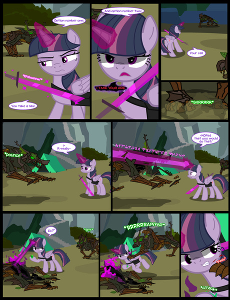 Size: 1042x1358 | Tagged: safe, artist:dendoctor, derpibooru import, mean twilight sparkle, twilight sparkle, twilight sparkle (alicorn), alicorn, pony, timber wolf, comic:clone.., alternate universe, bag, clone, comic, energy blast, energy sword, everfree forest, female, g4, glow, glowing horn, horn, image, jpeg, magic, mare, saddle bag, scratches, sword, tent, weapon