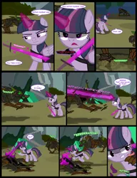 Size: 1042x1358 | Tagged: safe, artist:dendoctor, derpibooru import, mean twilight sparkle, twilight sparkle, twilight sparkle (alicorn), alicorn, pony, timber wolf, comic:clone.., alternate universe, bag, clone, comic, energy blast, energy sword, everfree forest, female, g4, glow, glowing horn, horn, image, jpeg, magic, mare, saddle bag, scratches, sword, tent, weapon