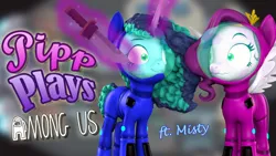 Size: 1920x1080 | Tagged: safe, artist:pika-robo, derpibooru import, pipp petals, pegasus, pony, unicorn, series:pipp plays, g5, 3d, among us, clothes, cosplay, costume, crewmate, fake thumbnail, female, frown, gamer pipp, image, imminent death, impostor, knife, let's play, levitation, looking at each other, looking at someone, magic, mare, misty brightdawn, png, smiling, source filmmaker, spread wings, telekinesis, wavy mouth, wings, youtube thumbnail