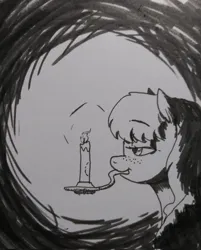Size: 1645x2048 | Tagged: safe, artist:pony quarantine, derpibooru import, oc, oc:bo, unofficial characters only, earth pony, pony, candle, female, freckles, grayscale, image, jpeg, mare, monochrome, mouth hold, solo, traditional art