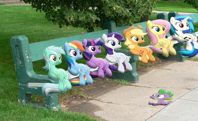 Size: 1024x627 | Tagged: safe, artist:willyvwj, derpibooru import, applejack, fluttershy, lyra heartstrings, rainbow dash, rarity, spike, twilight sparkle, vinyl scratch, dragon, pony, bench, image, irl, jpeg, meme, photo, ponies in real life, sitting, sitting lyra