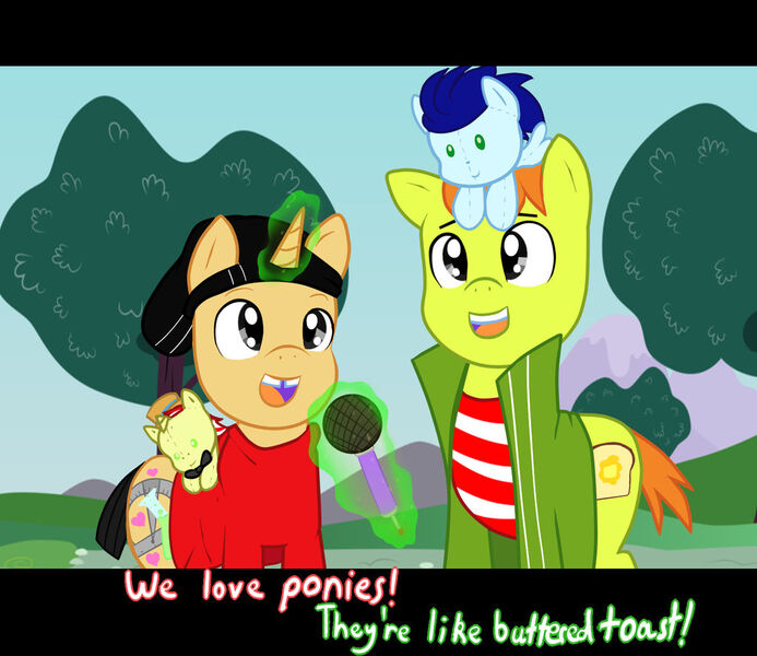 Size: 1024x887 | Tagged: safe, artist:atrsawogmlpfan, derpibooru import, flim, soarin', ponified, earth pony, pony, unicorn, 2014, ed, ed edd n eddy, edd, image, jpeg, magic, magic aura, male, matt hill, microphone, plushie, sam vincent, stallion, telekinesis, voice actor joke