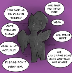 Size: 4055x4096 | Tagged: semi-grimdark, artist:wax feather, derpibooru import, oc, oc:wax pony, unofficial characters only, pegasus, pony, abuse, cracks, i have no mouth and i must scream, i've made a huge mistake, image, jpeg, male, pegasus oc, permanent, petrification, scared, simple background, wings