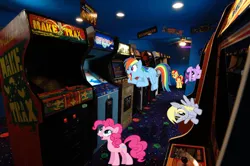 Size: 800x530 | Tagged: safe, artist:willyvwj, derpibooru import, derpy hooves, pinkie pie, rainbow dash, sunset shimmer, twilight sparkle, earth pony, pegasus, pony, unicorn, arcade, female, image, irl, jpeg, mare, photo, ponies in real life