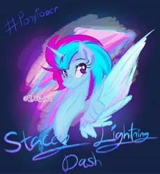 Size: 2583x2805 | Tagged: safe, artist:slightningdash, derpibooru import, oc, oc:stacey lightning dash, alicorn, pony, alicorn oc, bust, female, horn, image, jpeg, looking back, mare, ponytober, portrait, smiling, spread wings, wings