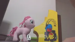 Size: 1280x720 | Tagged: safe, derpibooru import, pinkie pie, earth pony, pony, arcade cabinet, arcade game, cute, female, gamer girl, image, irl, jpeg, mare, pac-man, photo, plushie, smiling, solo, video game