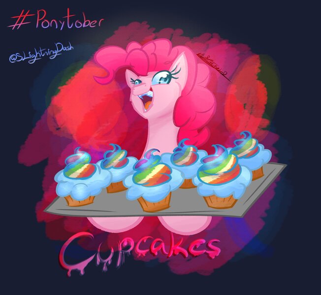 Size: 2048x1884 | Tagged: semi-grimdark, artist:slightningdash, derpibooru import, pinkie pie, earth pony, pony, cupcakes hd, bust, creepypasta, cupcake, food, image, jpeg, ponytober, portrait, smiling, tray