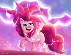 Size: 3840x2988 | Tagged: safe, artist:harukiicat, derpibooru import, pinkie pie, earth pony, pony, season 9, the ending of the end, spoiler:s09, bell, chaos, cute, cutie mark, female, grogar's bell, image, mare, pinkie pie day, png, raised hoof, shading, smiling, solo