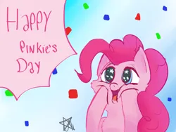 Size: 1600x1200 | Tagged: safe, artist:ermecg, derpibooru import, pinkie pie, earth pony, pony, cute, female, g4, hoof on face, image, mare, party, pinkie pie day, png, solo, squee, text