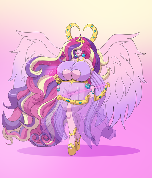 Size: 3000x3524 | Tagged: suggestive, artist:annon, derpibooru import, princess cadance, aasimar, human, arrow, big breasts, bimbo, bimbo cadance, boob window, bow, bracelet, breasts, busty princess cadance, cleric, clothes, crystal heart, dress, dungeons and dragons, ear piercing, eyeshadow, hand on hip, high heels, huge breasts, image, jewelry, makeup, pen and paper rpg, piercing, pink lipstick, platform heels, png, purple eyeshadow, rpg, see-through, shoes, tiara, wide hips, wings