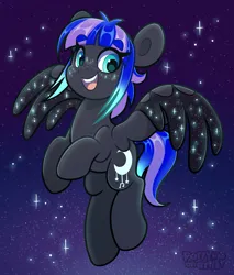 Size: 3406x4000 | Tagged: safe, artist:partylikeanartist, derpibooru import, oc, unofficial characters only, pegasus, pony, eyebrows, eyebrows visible through hair, female, flying, image, jpeg, mare, night, open mouth, open smile, smiling, solo, starry wings, stars, traditional art, wings