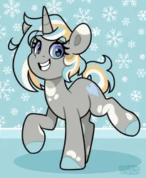Size: 3226x3933 | Tagged: safe, artist:partylikeanartist, derpibooru import, oc, unofficial characters only, pony, unicorn, coat markings, female, grin, image, jpeg, looking at you, mare, smiling, smiling at you, snow, snowflake, solo, standing on two hooves