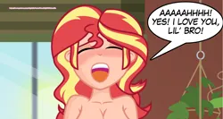 Size: 3992x2128 | Tagged: suggestive, artist:twinon, derpibooru import, editor:wild stallions, sunburst, sunset shimmer, comic:the first incestuous foal of sunset shimmer, equestria girls, advertisement, ahegao, blushing, breasts, brother and sister, cleavage, eyes closed, female, human coloration, image, implied incest, implied sex, implied sunburst, incest, male, open mouth, patreon, patreon preview, png, preview, show accurate, show accurate porn, siblings, speech bubble, sunlight, sunny siblings, sunset's apartment, tongue out