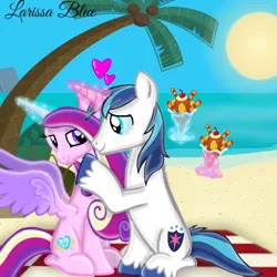 Size: 900x900 | Tagged: safe, artist:mlplary6, derpibooru import, princess cadance, shining armor, alicorn, pony, unicorn, beach, female, food, heart, image, looking at each other, looking at someone, male, mare, png, smiling, smiling at each other, stallion, straight, sundae
