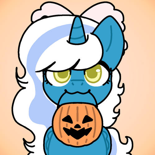 Size: 500x500 | Tagged: safe, artist:icedconfusion, derpibooru import, oc, oc:fleurbelle, alicorn, pony, alicorn oc, bow, female, hair bow, horn, image, jpeg, looking at you, mare, mouth hold, orange background, pumpkin bucket, simple background, wings, yellow eyes