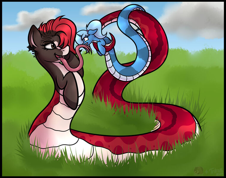 Size: 4700x3700 | Tagged: suggestive, artist:sadfloorlamp, artist:triksa, derpibooru import, oc, hybrid, lamia, original species, pony, snake, background, collaboration, cute, female, female pred, female predator, female prey, fetish, image, jpeg, mare, soft vore, tongue out, vore