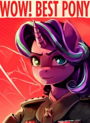 Size: 1024x1408 | Tagged: safe, derpibooru import, edit, editor:cadillacdynamite, machine learning generated, purplesmart.ai, stable diffusion, starlight glimmer, anthro, unicorn, clothes, communism, image, jpeg, looking at you, meme, paintover, propaganda, propaganda poster, solo, soviet, uniform, wow! glimmer