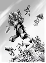 Size: 5500x7500 | Tagged: safe, artist:ph平和, derpibooru import, cyborg, cyborg pony, pony, unicorn, bedroom eyes, black and white, black and white cartoon, city, cloud, crossover, cute, genos, grayscale, high res, image, levitation, looking at you, magic, monochrome, one punch man, png, saitama, solo, tatsumaki, tatsumaki (one punch man), telekinesis, traditional art