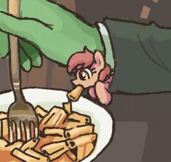 Size: 249x236 | Tagged: safe, artist:plunger, oc, oc:anon, pony, female, food, fork, image, mac and cheese, macaroni, mare, meme, micro, pasta, penne, png, ponified animal photo, ponified meme