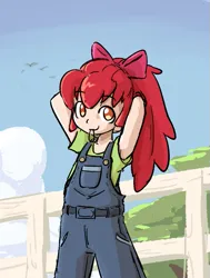 Size: 501x664 | Tagged: safe, artist:spheedc, derpibooru import, apple bloom, human, adorabloom, child, clothes, cute, humanized, image, looking at you, overalls, png, raised arms, shirt, smiling, solo, t-shirt, younger