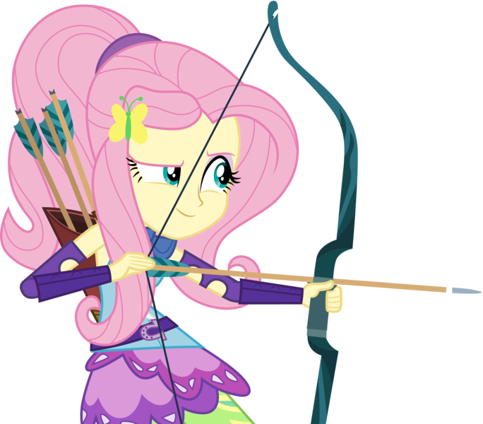 Size: 3418x3000 | Tagged: safe, artist:cloudyglow, derpibooru import, fluttershy, equestria girls, friendship games, .ai available, archer, arrow, bow (weapon), bow and arrow, clothes, female, high res, image, png, simple background, smiling, solo, transparent background, vector, weapon