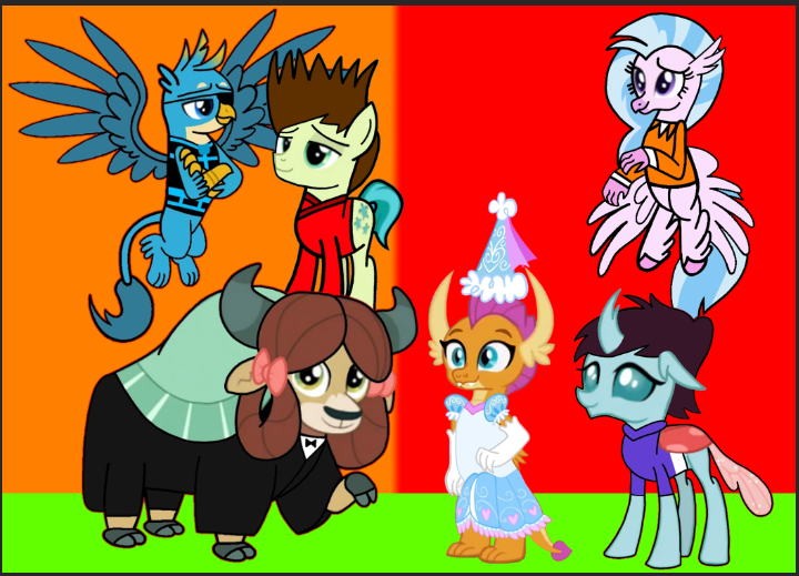 Size: 720x519 | Tagged: safe, artist:darlycatmake, derpibooru import, gallus, ocellus, sandbar, silverstream, smolder, yona, changeling, dragon, earth pony, gryphon, hippogriff, yak, clothes, costume, cute, dragoness, dress, female, flying, froufrou glittery lacy outfit, gallabetes, gloves, group photo, group picture, halloween, halloween costume, happy, hat, hennin, holiday, image, kai smith, lego, lego ninjago, long gloves, long sleeves, luz noceda, male, png, princess, princess smolder, prison outfit, secret agent, smiling, smolderbetes, spread wings, spy, the owl house, wig, wings