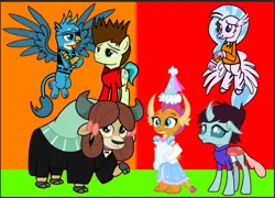 Size: 720x519 | Tagged: safe, artist:darlycatmake, derpibooru import, gallus, ocellus, sandbar, silverstream, smolder, yona, changeling, dragon, earth pony, gryphon, hippogriff, yak, clothes, costume, cute, dragoness, dress, female, flying, froufrou glittery lacy outfit, gallabetes, gloves, group photo, group picture, halloween, halloween costume, happy, hat, hennin, holiday, image, kai smith, lego, lego ninjago, long gloves, long sleeves, luz noceda, male, png, princess, princess smolder, prison outfit, secret agent, smiling, smolderbetes, spread wings, spy, the owl house, wig, wings