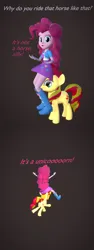 Size: 2250x6000 | Tagged: suggestive, artist:wissle, derpibooru import, pinkie pie, sunset shimmer, pony, unicorn, equestria girls, 2 panel comic, 3d, absurd resolution, blender, comic, female, full comic, image, innuendo, mare, meme, pinkie pie day, png, simple background, sitting on, sitting on person, sitting on pony, sound at source, youtube link