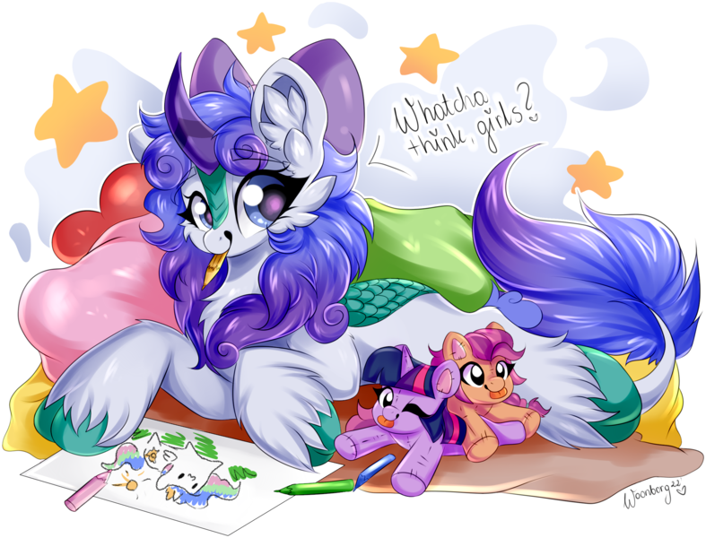 Size: 2482x1893 | Tagged: safe, artist:woonborg, derpibooru import, princess celestia, sunny starscout, twilight sparkle, oc, oc:angie, earth pony, kirin, pony, bow, crayons, g5, hair bow, image, kirin oc, one eye closed, plushie, png, solo, sunny and her heroine, tongue out, wink