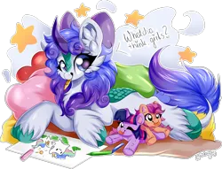 Size: 2482x1893 | Tagged: safe, artist:woonborg, derpibooru import, princess celestia, sunny starscout, twilight sparkle, oc, oc:angie, earth pony, kirin, pony, bow, crayons, g5, hair bow, image, kirin oc, one eye closed, plushie, png, solo, sunny and her heroine, tongue out, wink