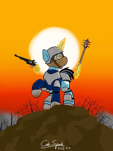 Size: 2400x3200 | Tagged: questionable, artist:cdrspark, derpibooru import, oc, oc:cold dream, unicorn, armor, barbed wire, battlefield 1, blood, horn, image, magic, male, png, telekinesis, trench raider, unicorn oc, war