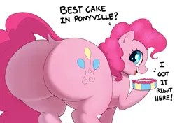 Size: 1701x1200 | Tagged: suggestive, artist:ahobobo, derpibooru import, pinkie pie, earth pony, pony, ass up, balloonbutt, butt, cake, dialogue, dock, food, image, large butt, looking at you, looking back, looking back at you, open mouth, open smile, plot, png, ponk, smiling, solo, tail