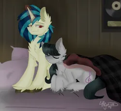 Size: 1801x1655 | Tagged: safe, artist:4agonism, derpibooru import, octavia melody, vinyl scratch, earth pony, pony, unicorn, arm fluff, bed, bedroom, blanket, chest fluff, cute, daaaaaaaaaaaw, female, image, lesbian, magic, pillow, png, quilt, record, red eyes, role reversal, scratchtavia, shipping, sleeping, smiling, telekinesis, those gay horses, tired, unshorn fetlocks, watermark