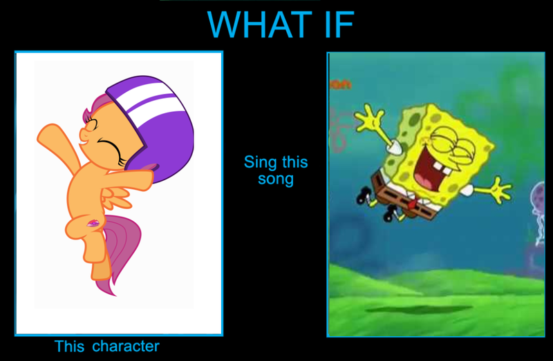 Size: 1138x744 | Tagged: safe, artist:swiftgaiathebrony, derpibooru import, scootaloo, fly, insect, image, meme, png, reference, scootaloo can fly, scootalove, singing, song, spongebob reference, spongebob squarepants, what if