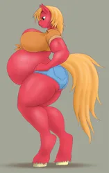 Size: 940x1500 | Tagged: suggestive, artist:weasselk, derpibooru import, big macintosh, anthro, earth pony, big breasts, big pregintosh, breasts, busty macareina, clothes, female, front knot midriff, hand on hip, huge breasts, image, large butt, macareina, midriff, muscles, muscular female, png, pregnant, rule 63, shorts, solo, solo female, thighs, thunder thighs, wide hips