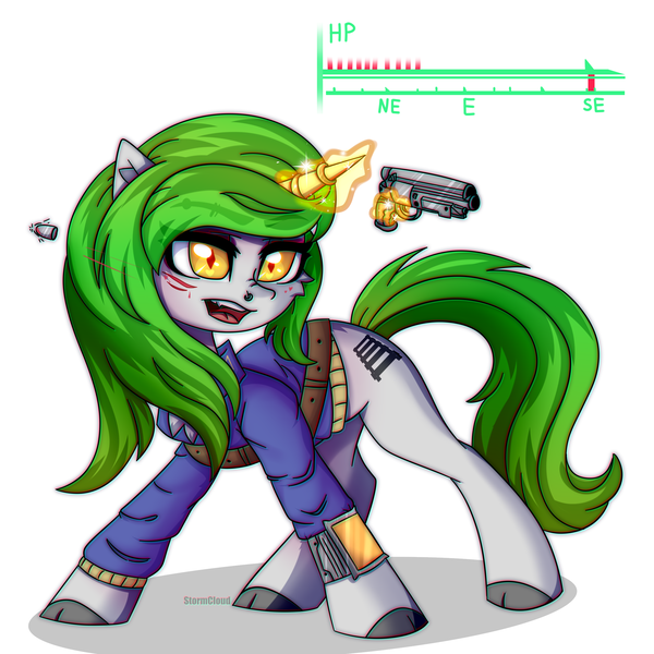 Size: 2500x2500 | Tagged: safe, artist:leah minik, derpibooru import, oc, oc:electra green, unofficial characters only, pony, unicorn, fallout equestria, bullet, bullet wound, chest fluff, clothes, commission, eyebrow piercing, eyebrows, eyebrows visible through hair, eyeshadow, female, full body, glow, glowing horn, green mane, green tail, grin, gun, handgun, horn, horn ring, image, jewelry, jumpsuit, levitation, life bar, looking away, magic, magic aura, makeup, mare, nose piercing, open mouth, piercing, pipbuck, png, ring, shooting, simple background, smiling, solo, tail, telekinesis, that gun, unicorn oc, vault suit, weapon, white background, ych result