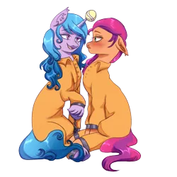 Size: 1500x1500 | Tagged: safe, artist:azusadrawz, derpibooru import, izzy moonbow, sunny starscout, earth pony, pony, unicorn, ball, blushing, clothes, cuffs, female, g5, horn, hornball, image, izzy's tennis ball, izzyscout, lesbian, png, prison outfit, shackles, shipping, simple background, smiling, smirk, tennis ball, transparent background