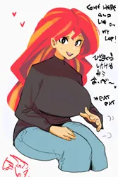 Size: 800x1200 | Tagged: safe, artist:sozglitch, derpibooru import, sunset shimmer, human, equestria girls, big breasts, bilingual, breasts, busty sunset shimmer, clothes, denim, dialogue, english, female, floating heart, heart, hiragana, huge breasts, image, inviting, japanese, jeans, jpeg, looking at you, moon runes, onomatopoeia, open mouth, open smile, pants, simple background, sitting, smiling, smiling at you, solo, sweater, talking to viewer, thighs, white background