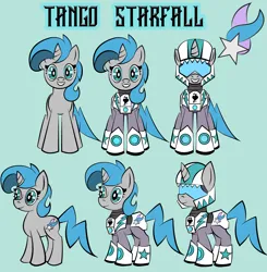 Size: 3233x3300 | Tagged: safe, artist:vareb, derpibooru import, oc, oc:tango starfall, pony, unicorn, armor, cute, female, helmet, image, mare, multiple variants, png, power armor, reference sheet, science fiction, smiling, solo, turnaround, visor