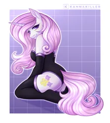 Size: 1942x2182 | Tagged: suggestive, artist:kannakiller, derpibooru import, fleur-de-lis, anthro, pony, unicorn, ass, blushing, bodysuit, breasts, butt, canon, cheeky panties, choker, clothes, collar, commission, cute, eyelashes, female, full body, gloves, horn, image, looking at you, looking back, looking back at you, mare, miss fleur is trying to seduce us, png, sexy, simple background, smiling, socks, solo, solo female, stockings, tail, thigh highs, ych result