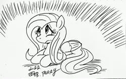 Size: 3714x2314 | Tagged: safe, artist:debmervin, derpibooru import, fluttershy, emanata, image, jpeg, lineart, monochrome, solo, traditional art