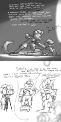 Size: 3000x6000 | Tagged: safe, artist:captainhoers, derpibooru import, oc, oc:tim, unofficial characters only, earth pony, kirin, pegasus, pony, unicorn, absurd resolution, acting, bipedal, black and white, comic, cowboy bebop, dialogue, female, grayscale, image, katana, kirin oc, levitation, magic, male, mare, monochrome, png, script, stallion, sword, telekinesis, weapon, yelling